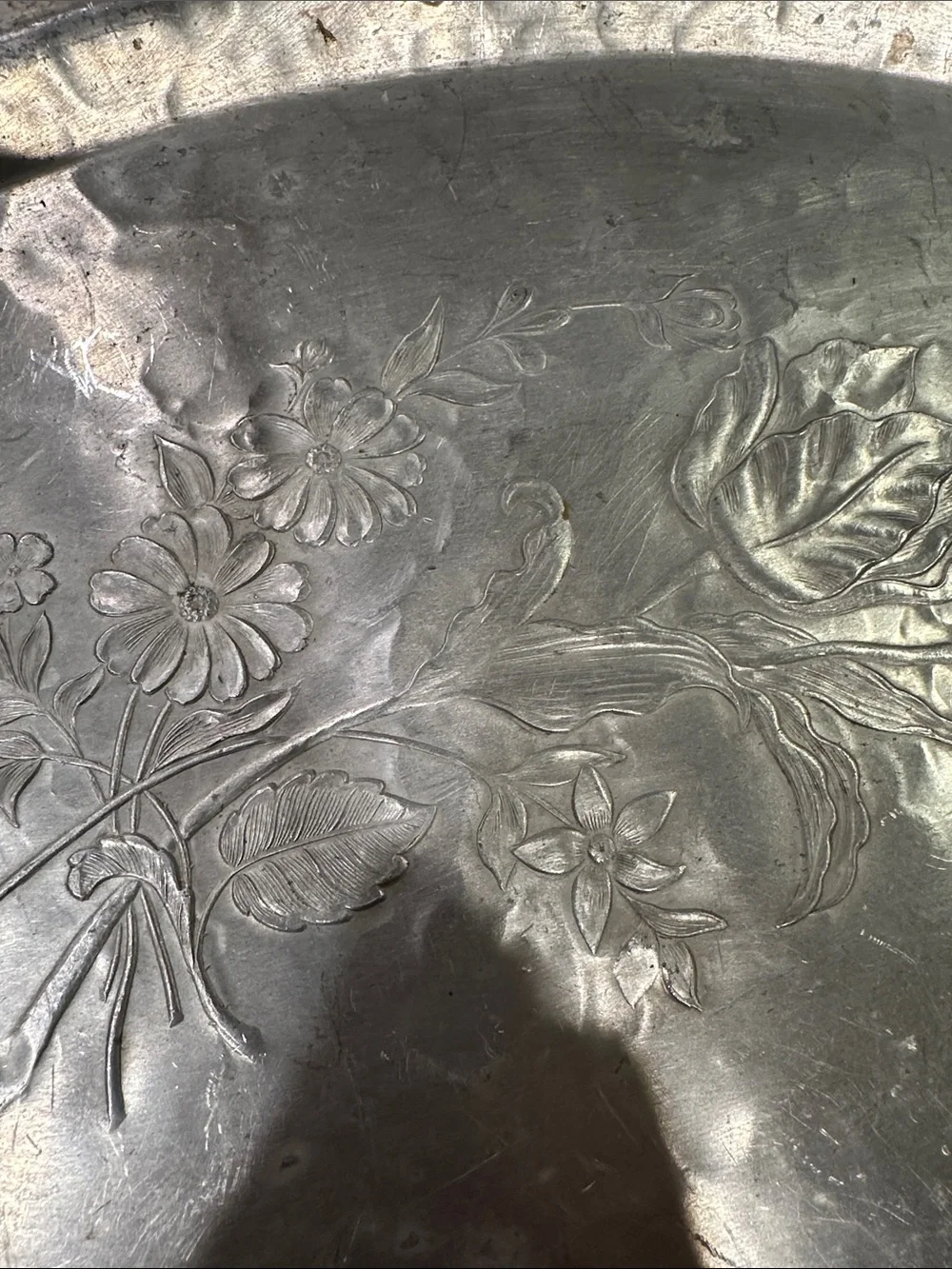 Vintage Hand Forged Silver-Tone Floral Serving Tray with Handles